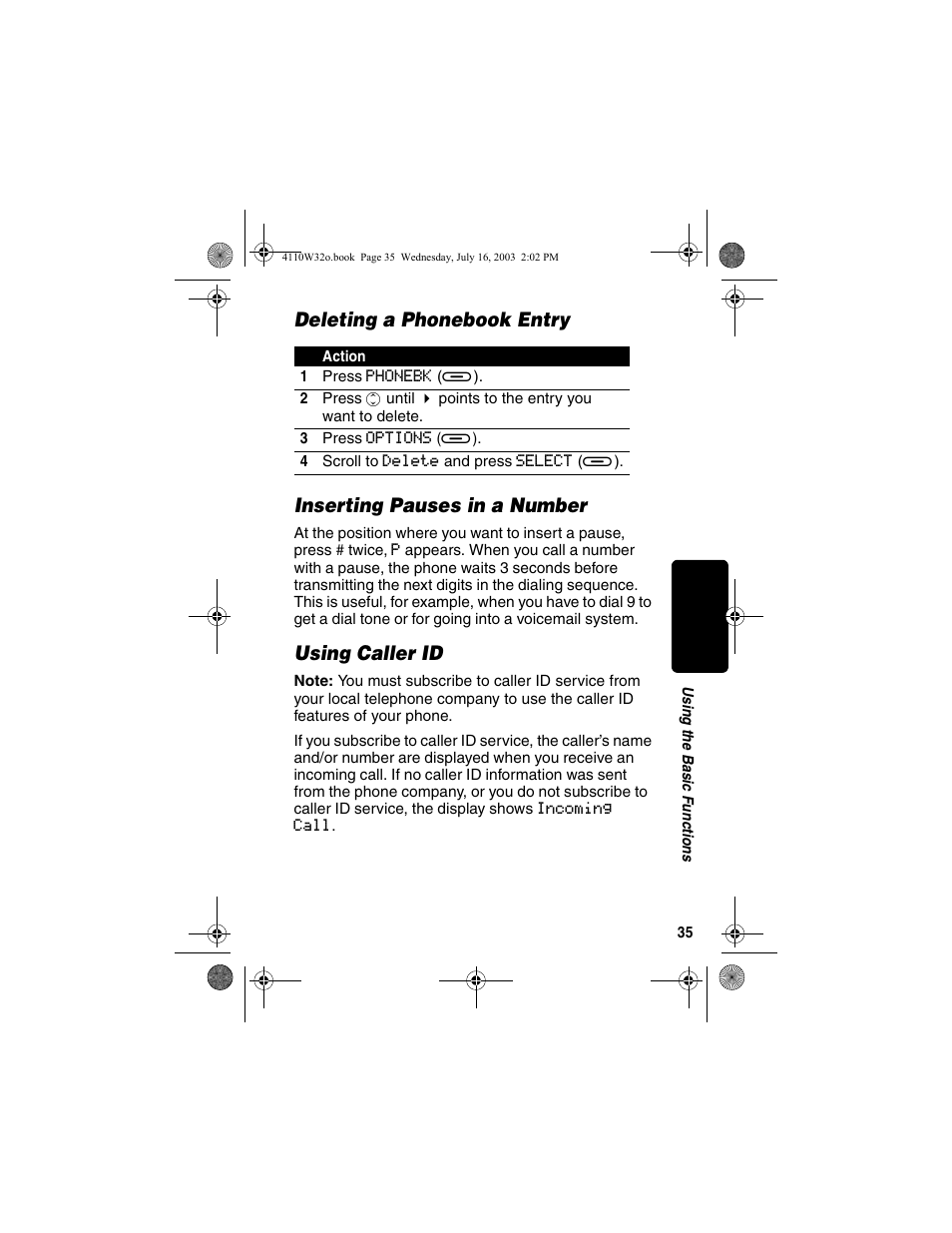 Deleting a phonebook entry, Inserting pauses in a number, Using caller id | Motorola MD490 User Manual | Page 37 / 64