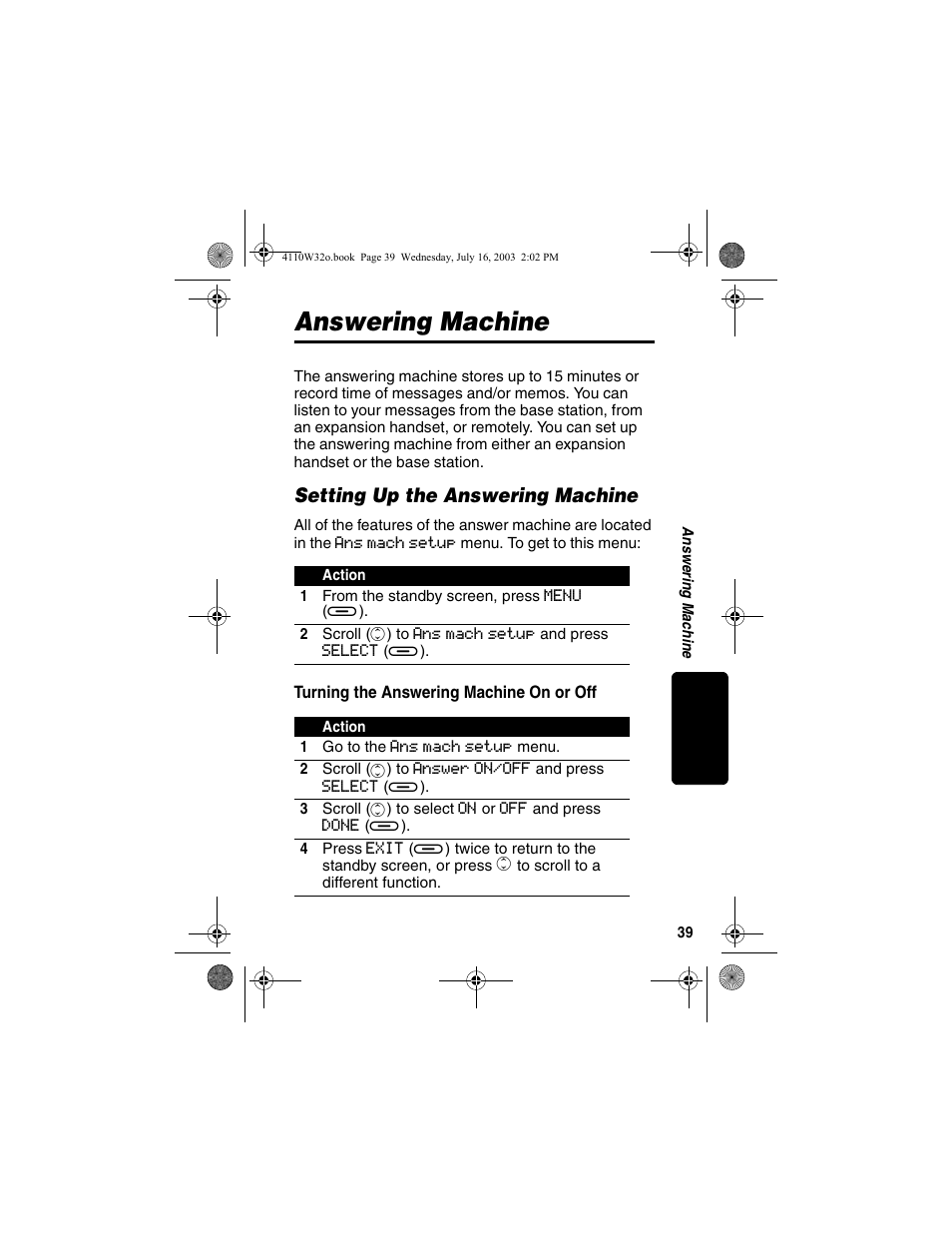 Answering machine, Setting up the answering machine, Turning the answering machine on or off | Motorola MD490 User Manual | Page 41 / 64