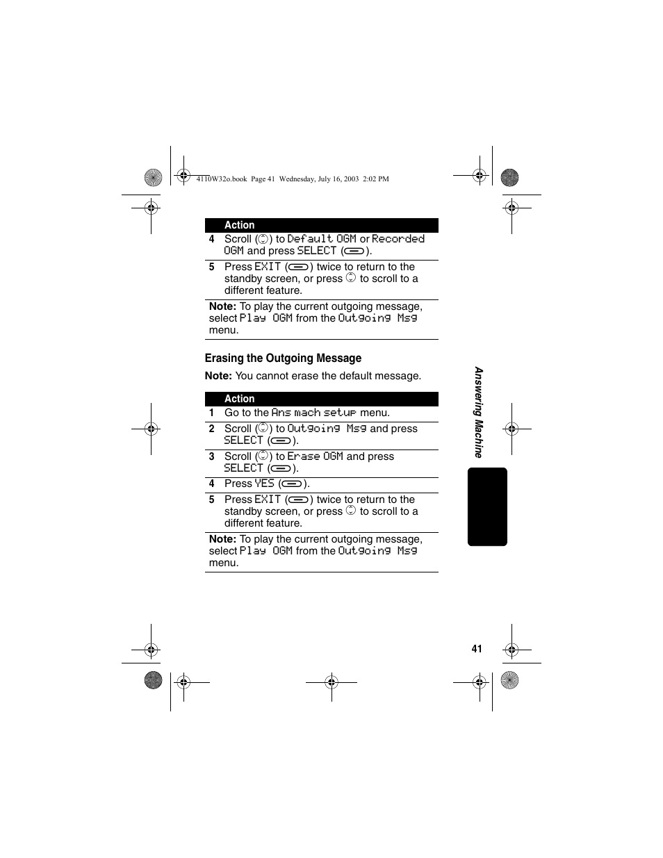 Erasing the outgoing message | Motorola MD490 User Manual | Page 43 / 64