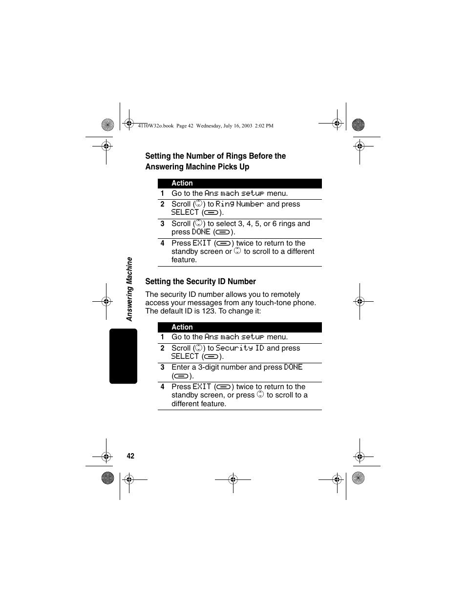 Setting the security id number, Setting the number of rings, Before the answering machine picks up | Motorola MD490 User Manual | Page 44 / 64