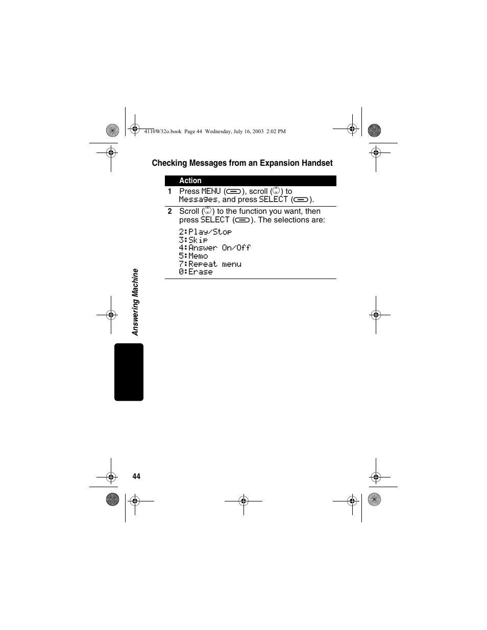 Checking messages from an expansion handset, Checking messages from an, Expansion handset | Motorola MD490 User Manual | Page 46 / 64