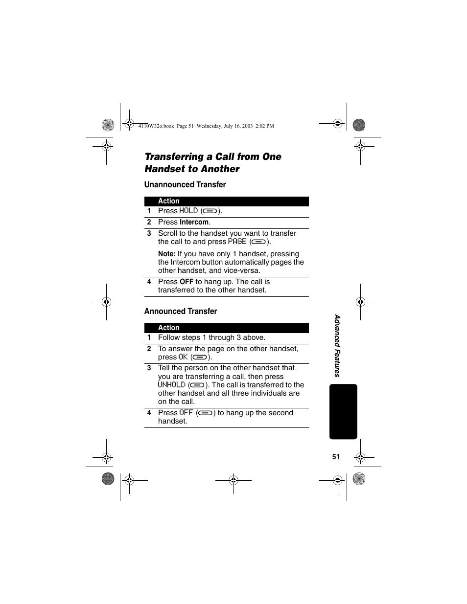 Transferring a call from one handset to another, Unannounced transfer, Announced transfer | Unannounced transfer announced transfer | Motorola MD490 User Manual | Page 53 / 64