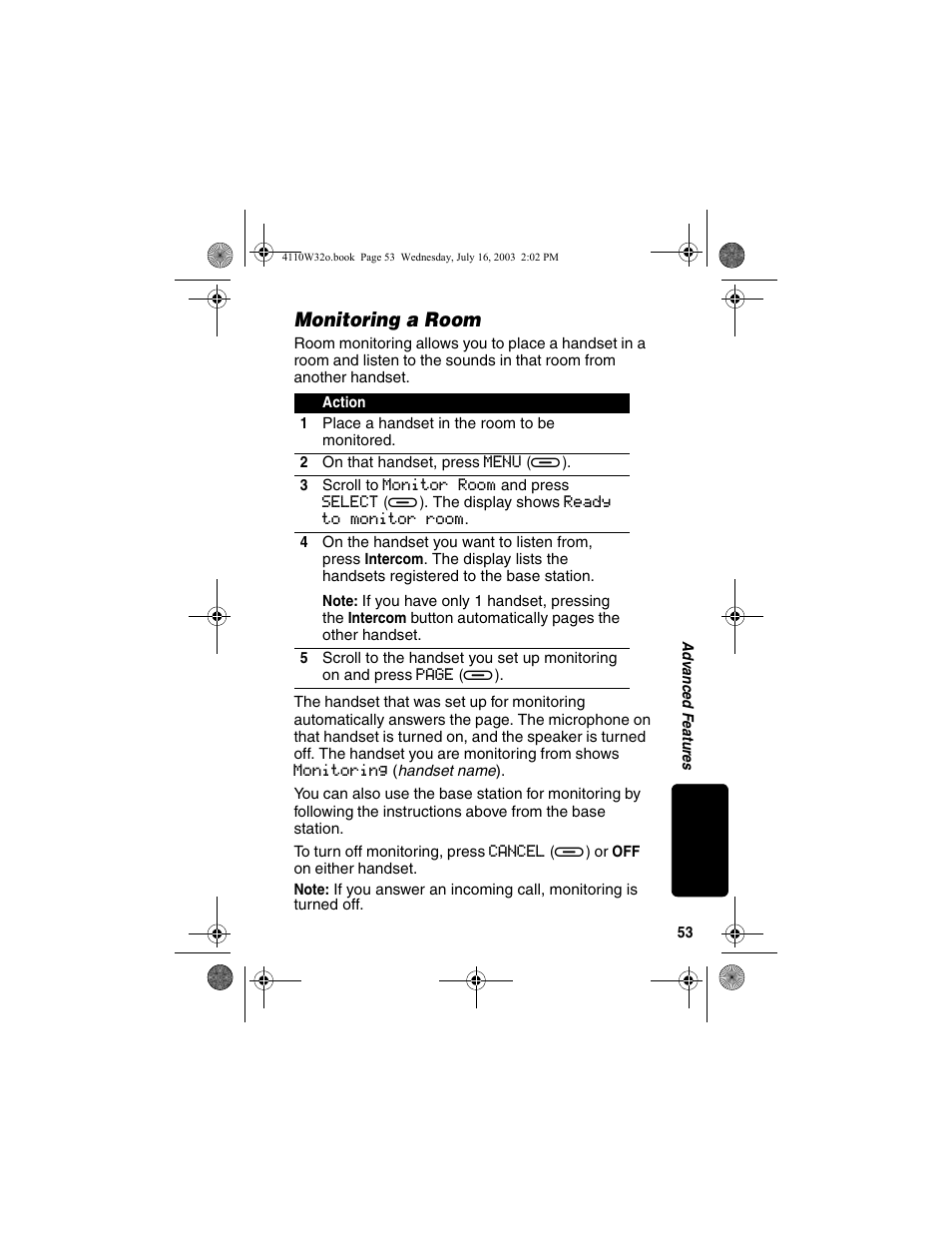 Monitoring a room | Motorola MD490 User Manual | Page 55 / 64