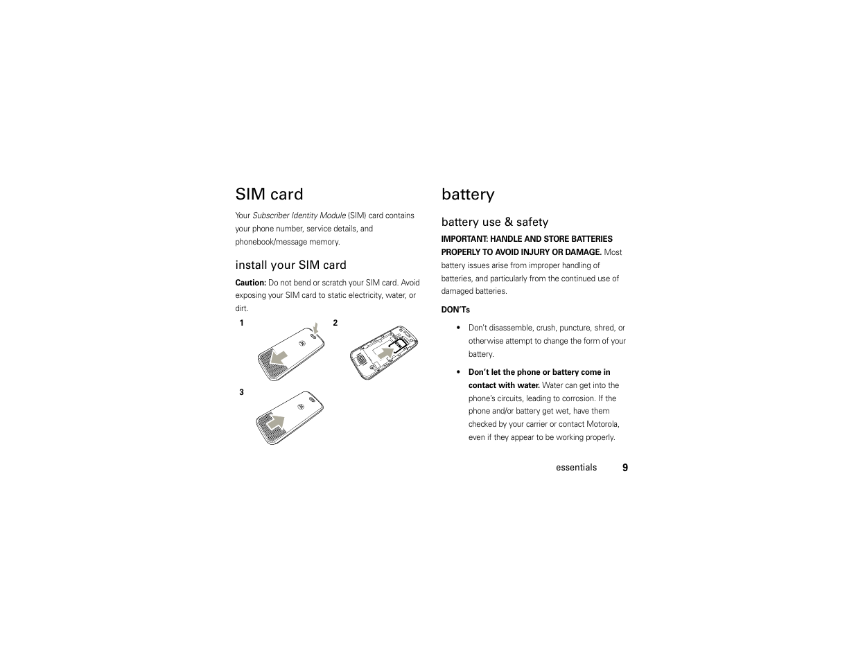 Sim card, Battery | Motorola C168i User Manual | Page 11 / 80