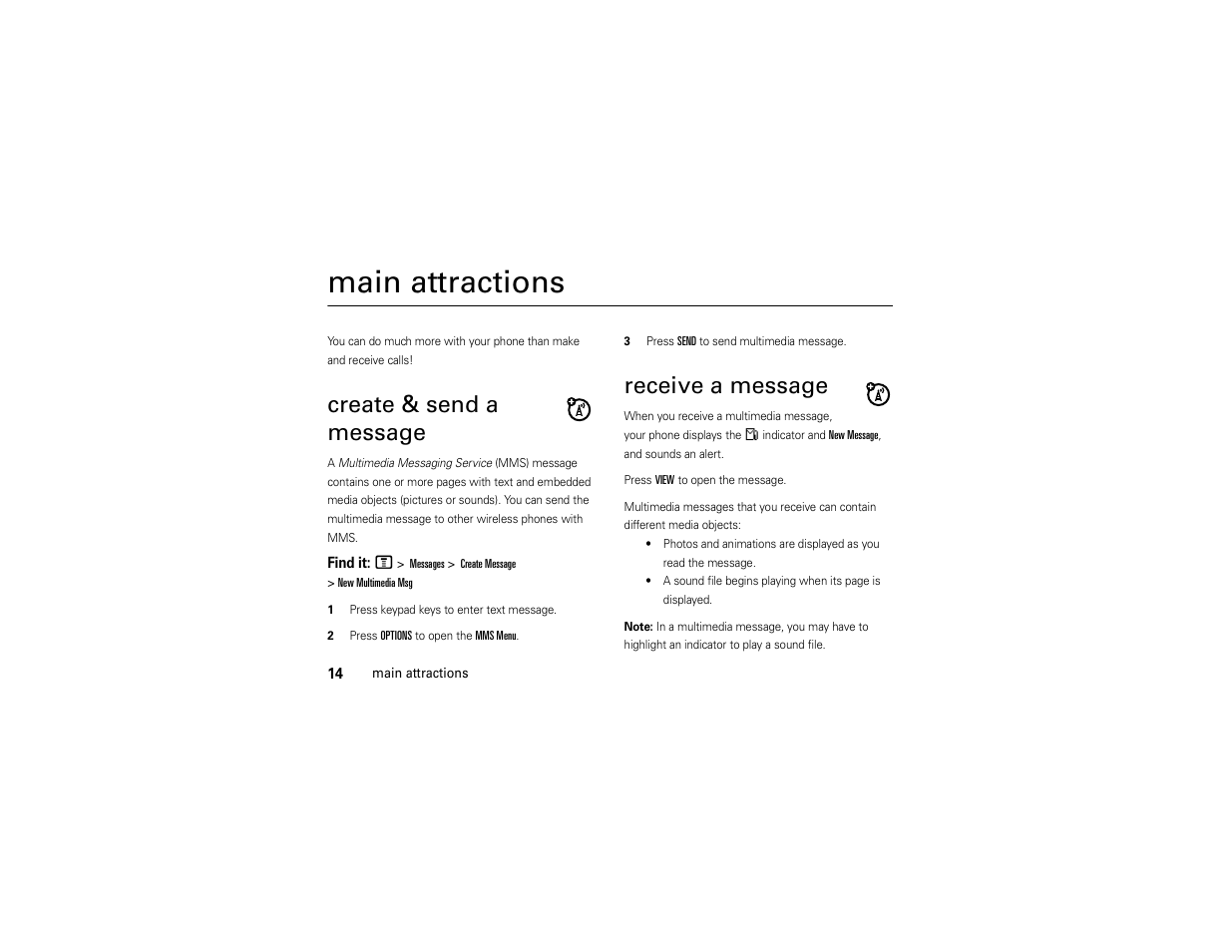 Main attractions, Create & send a message, Receive a message | Motorola C168i User Manual | Page 16 / 80