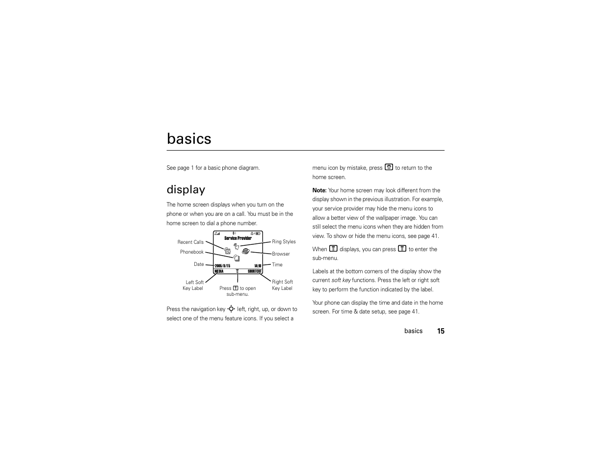 Basics, Display | Motorola C168i User Manual | Page 17 / 80