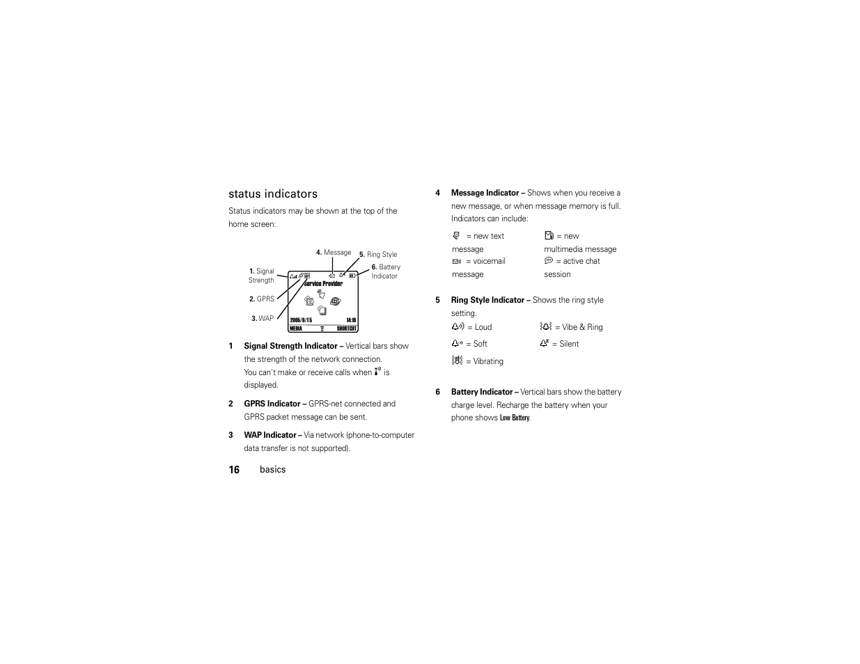 Status indicators | Motorola C168i User Manual | Page 18 / 80
