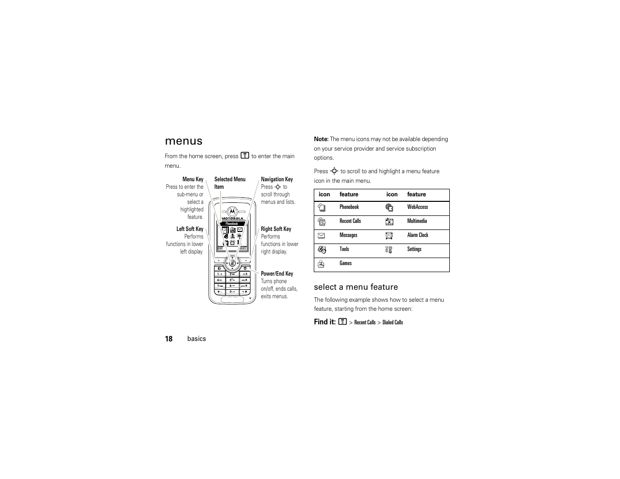 Menus, Select a menu feature | Motorola C168i User Manual | Page 20 / 80