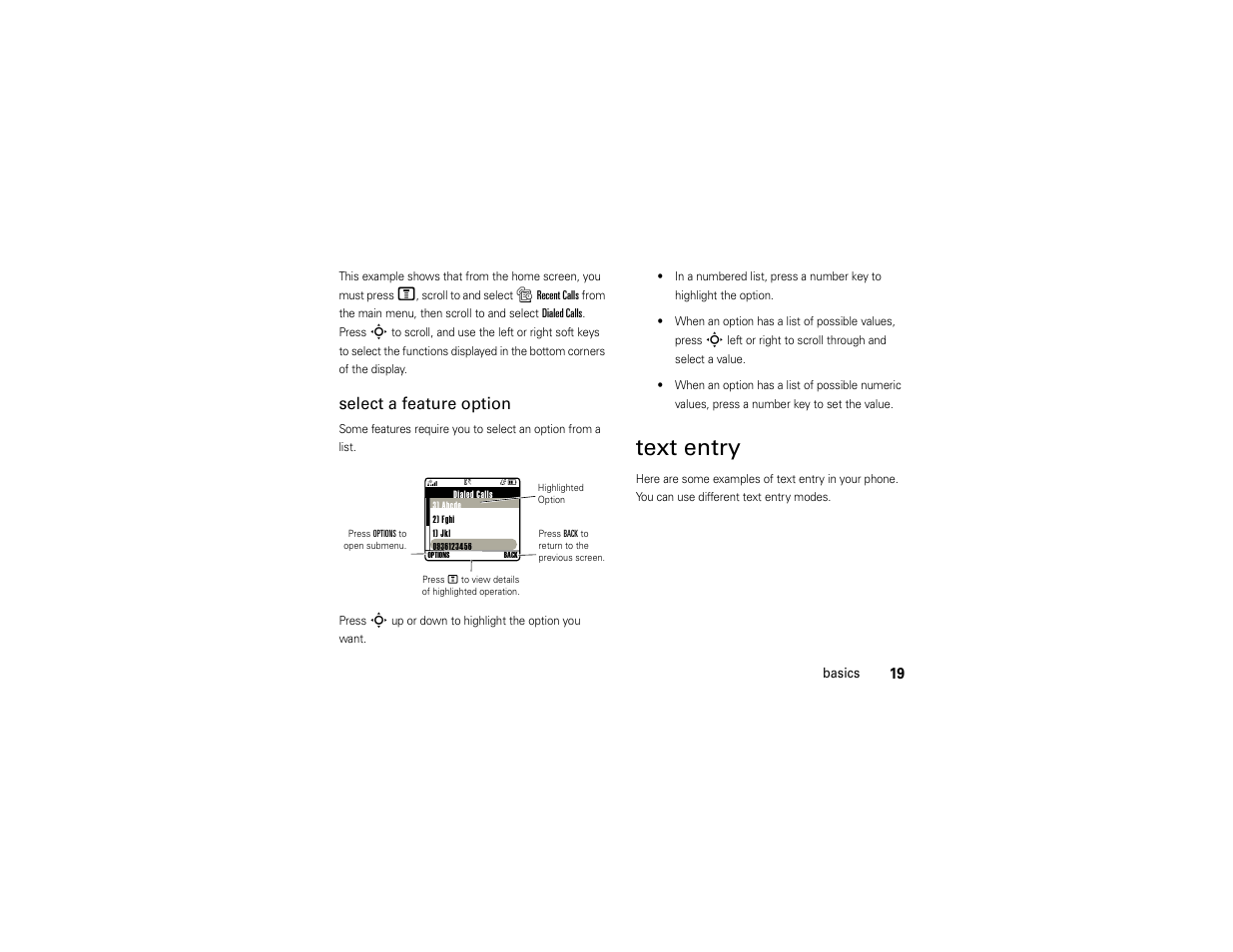 Text entry, Select a feature option | Motorola C168i User Manual | Page 21 / 80