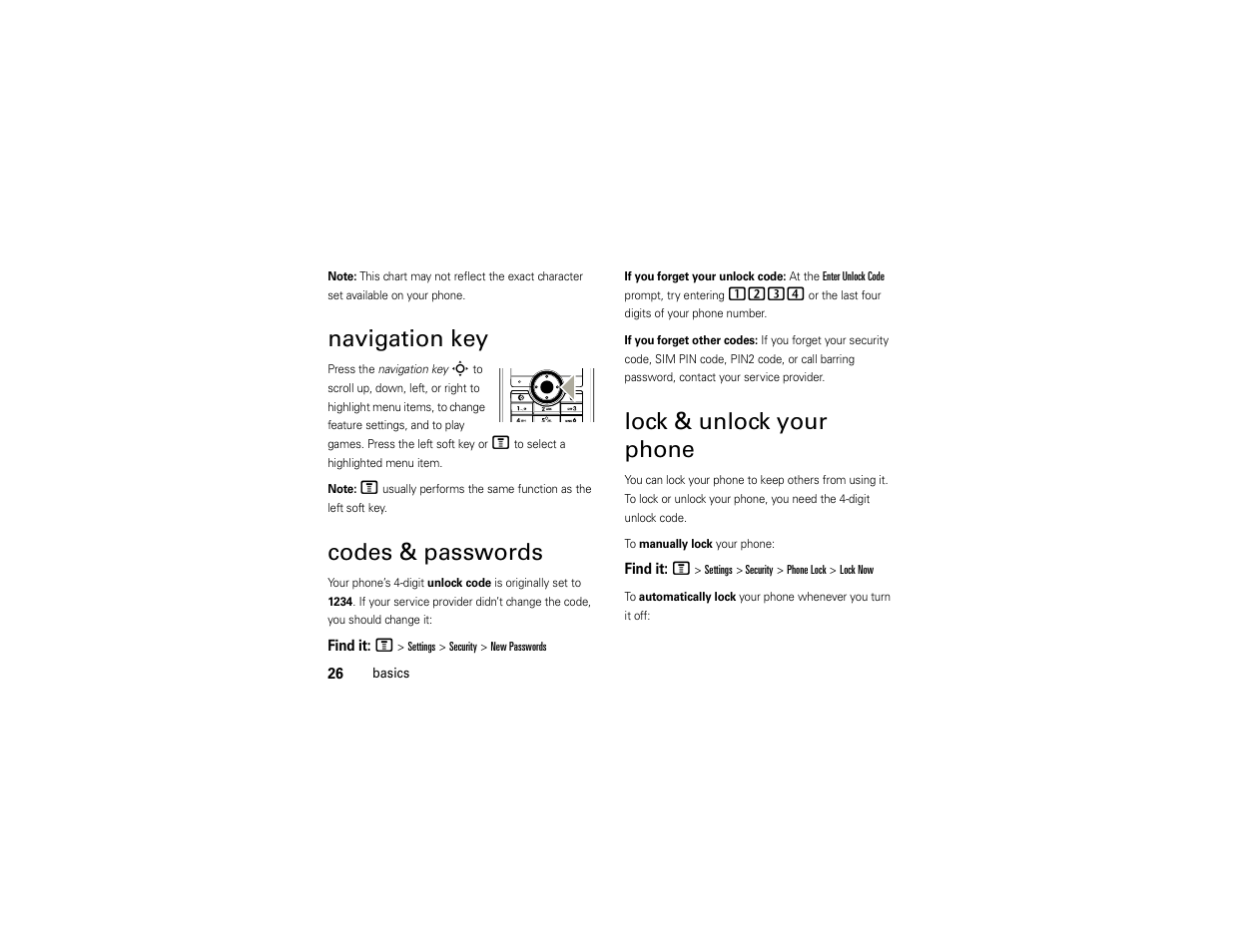Navigation key, Codes & passwords, Lock & unlock your phone | Motorola C168i User Manual | Page 28 / 80