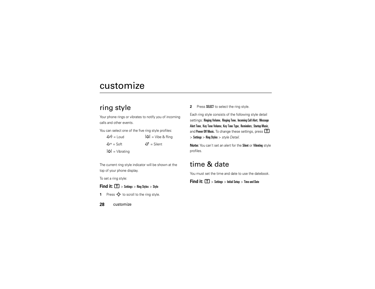 Customize, Ring style, Time & date | Motorola C168i User Manual | Page 30 / 80