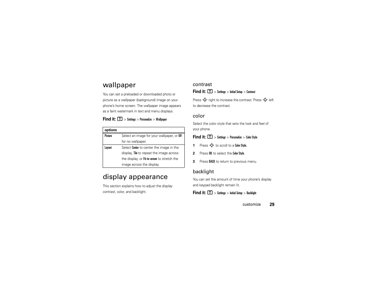 Wallpaper, Display appearance | Motorola C168i User Manual | Page 31 / 80