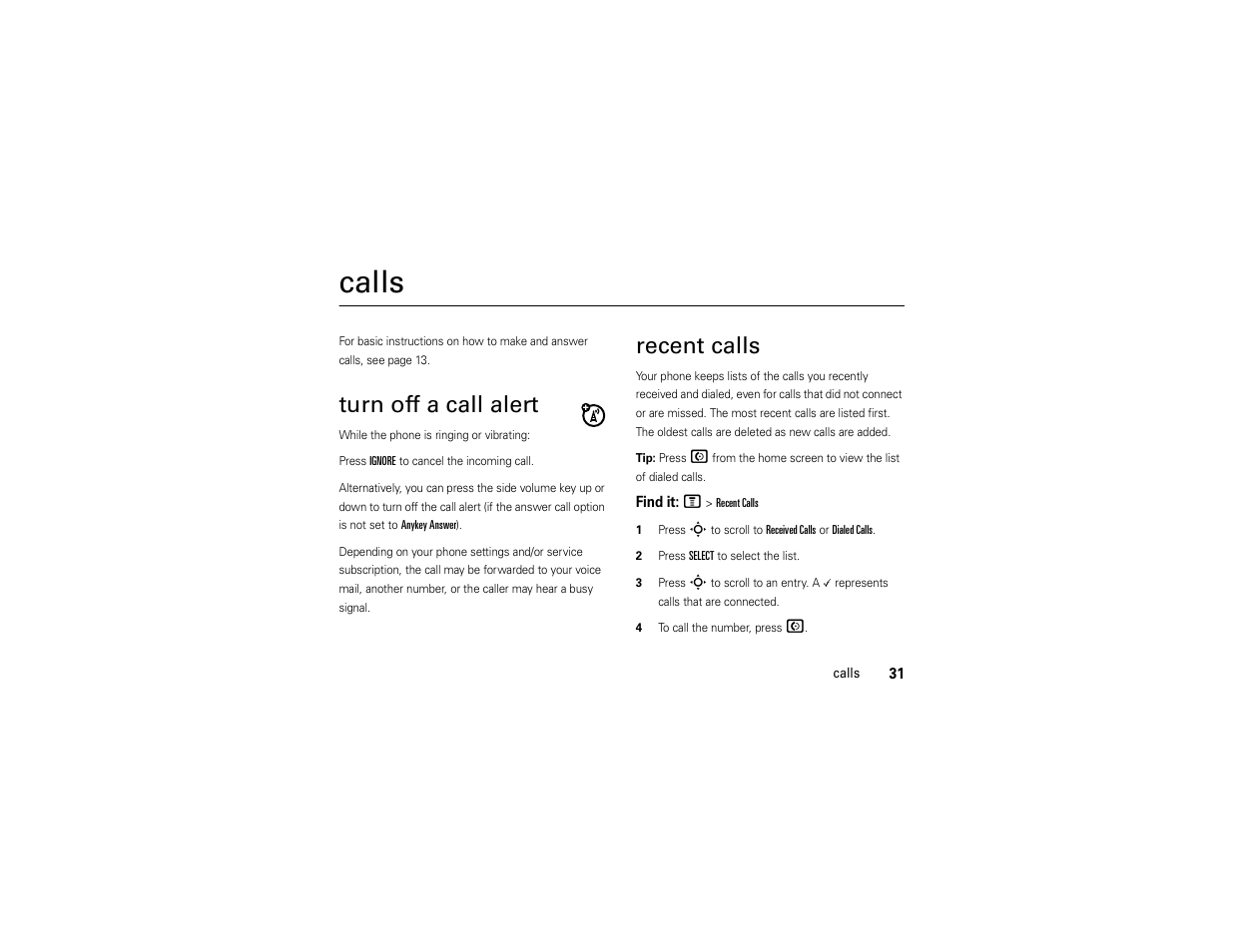 Calls, Turn off a call alert, Recent calls | Motorola C168i User Manual | Page 33 / 80