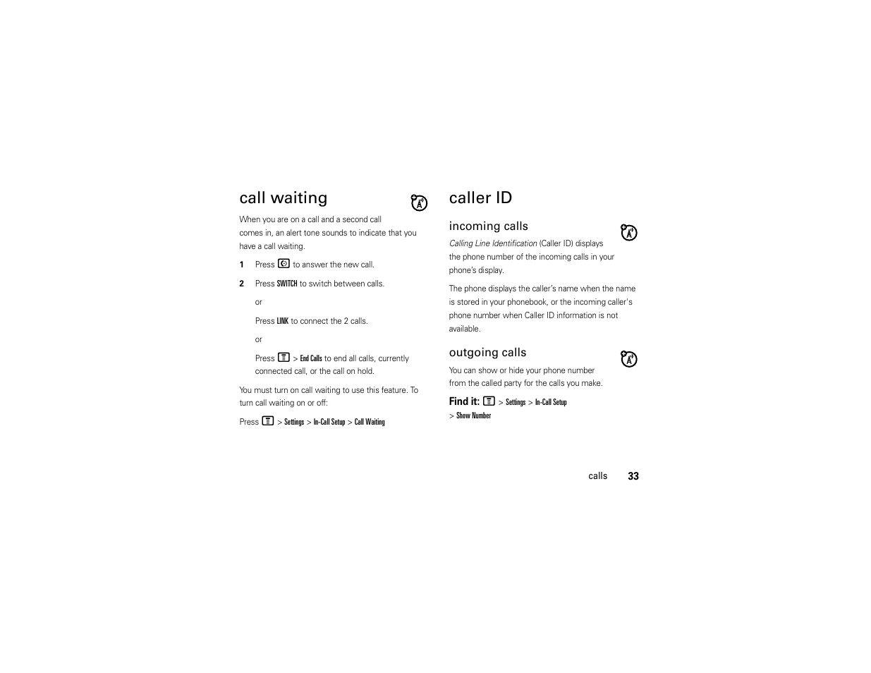 Call waiting, Caller id | Motorola C168i User Manual | Page 35 / 80