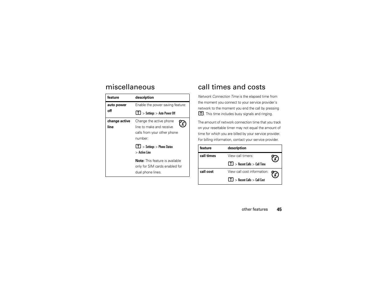 Miscellaneous, Call times and costs, Miscellaneous call times and costs | Motorola C168i User Manual | Page 47 / 80