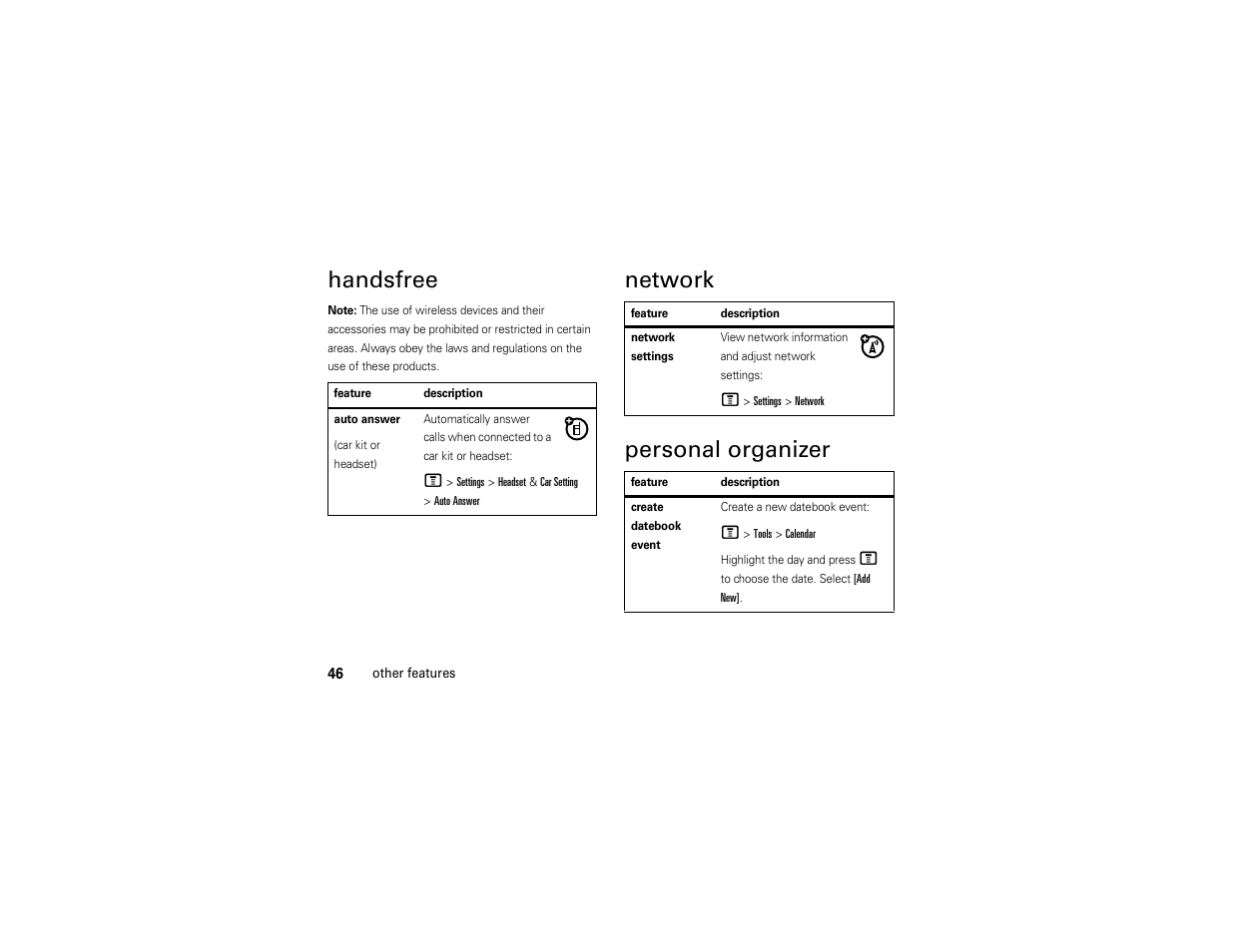 Handsfree, Network, Personal organizer | Network personal organizer | Motorola C168i User Manual | Page 48 / 80