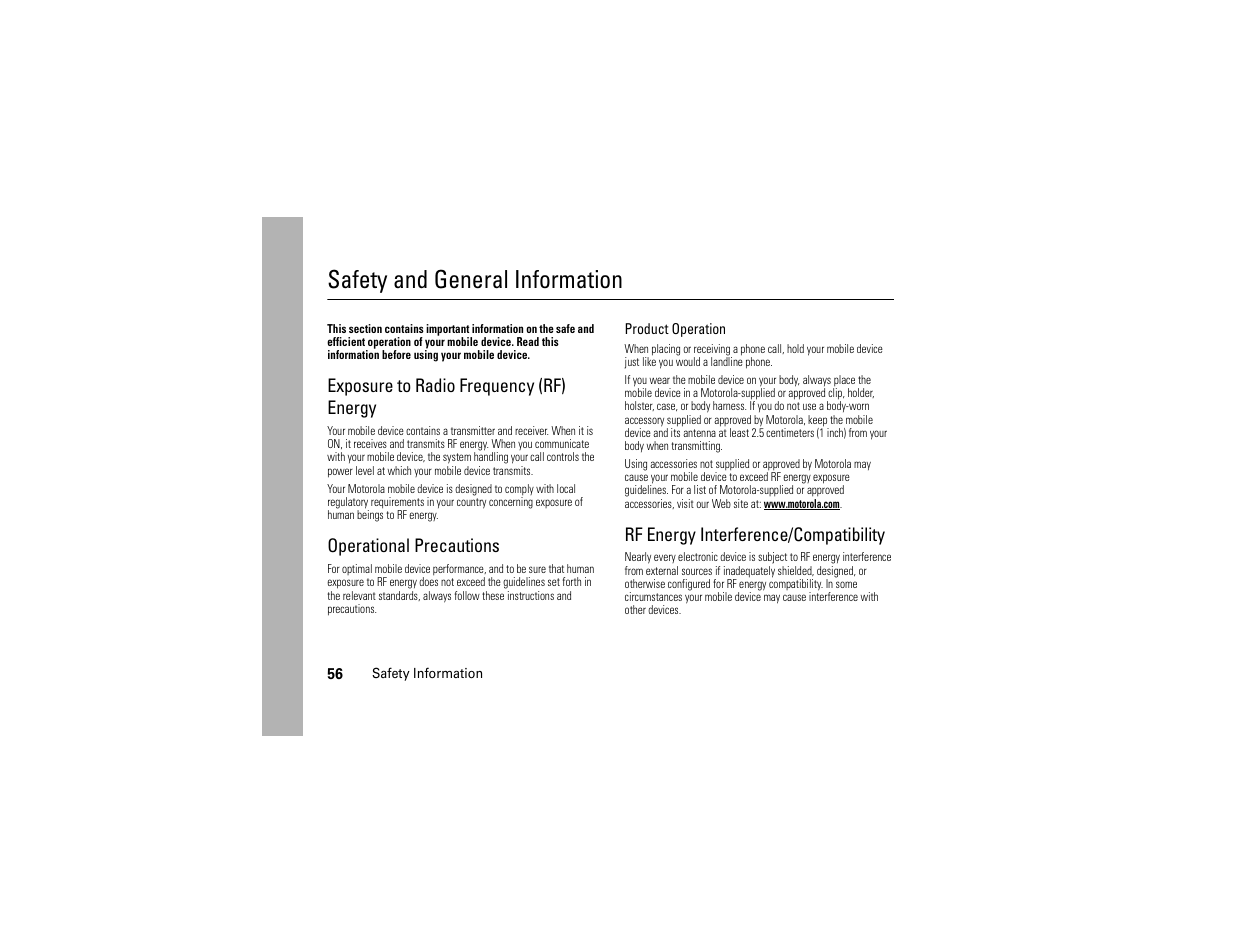 Safety information, Safety and general information, Exposure to radio frequency (rf) energy | Operational precautions, Rf energy interference/compatibility | Motorola C168i User Manual | Page 58 / 80