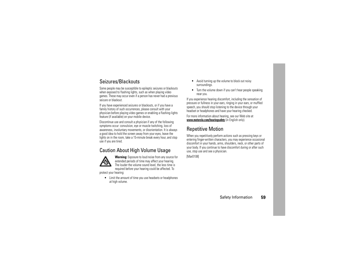 Seizures/blackouts, Caution about high volume usage, Repetitive motion | Motorola C168i User Manual | Page 61 / 80