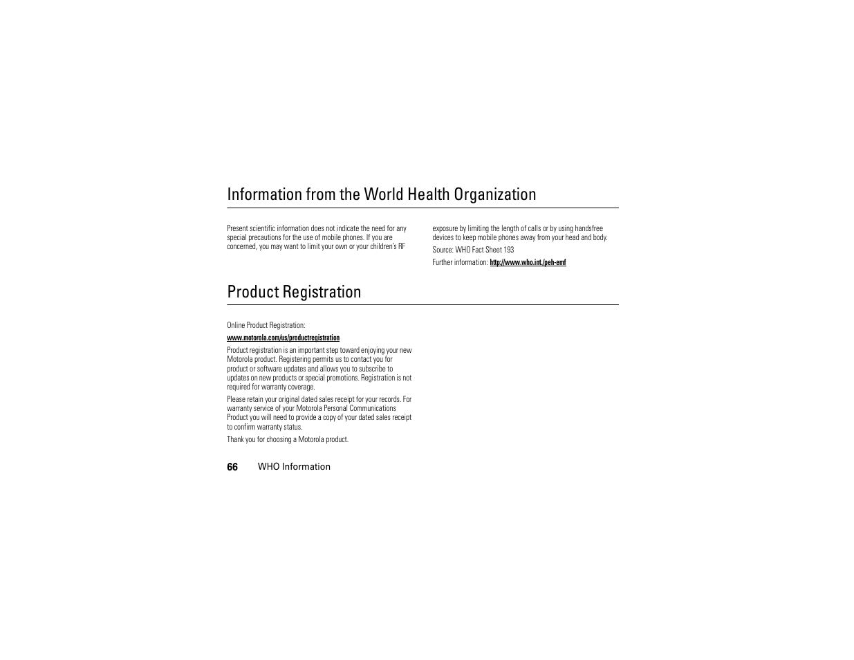 Who information, Registration, Information from the world health organization | Product registration | Motorola C168i User Manual | Page 68 / 80