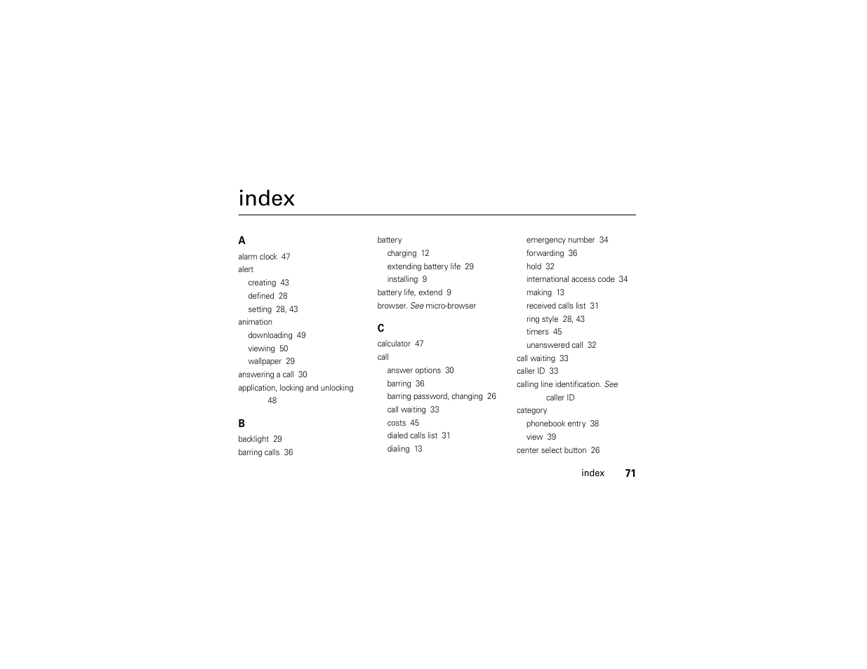 Index | Motorola C168i User Manual | Page 73 / 80