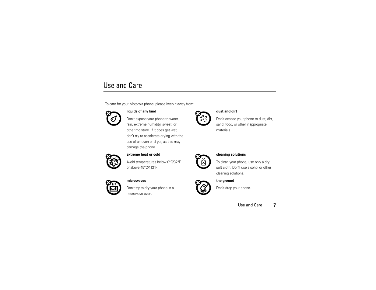 Use and care | Motorola C168i User Manual | Page 9 / 80