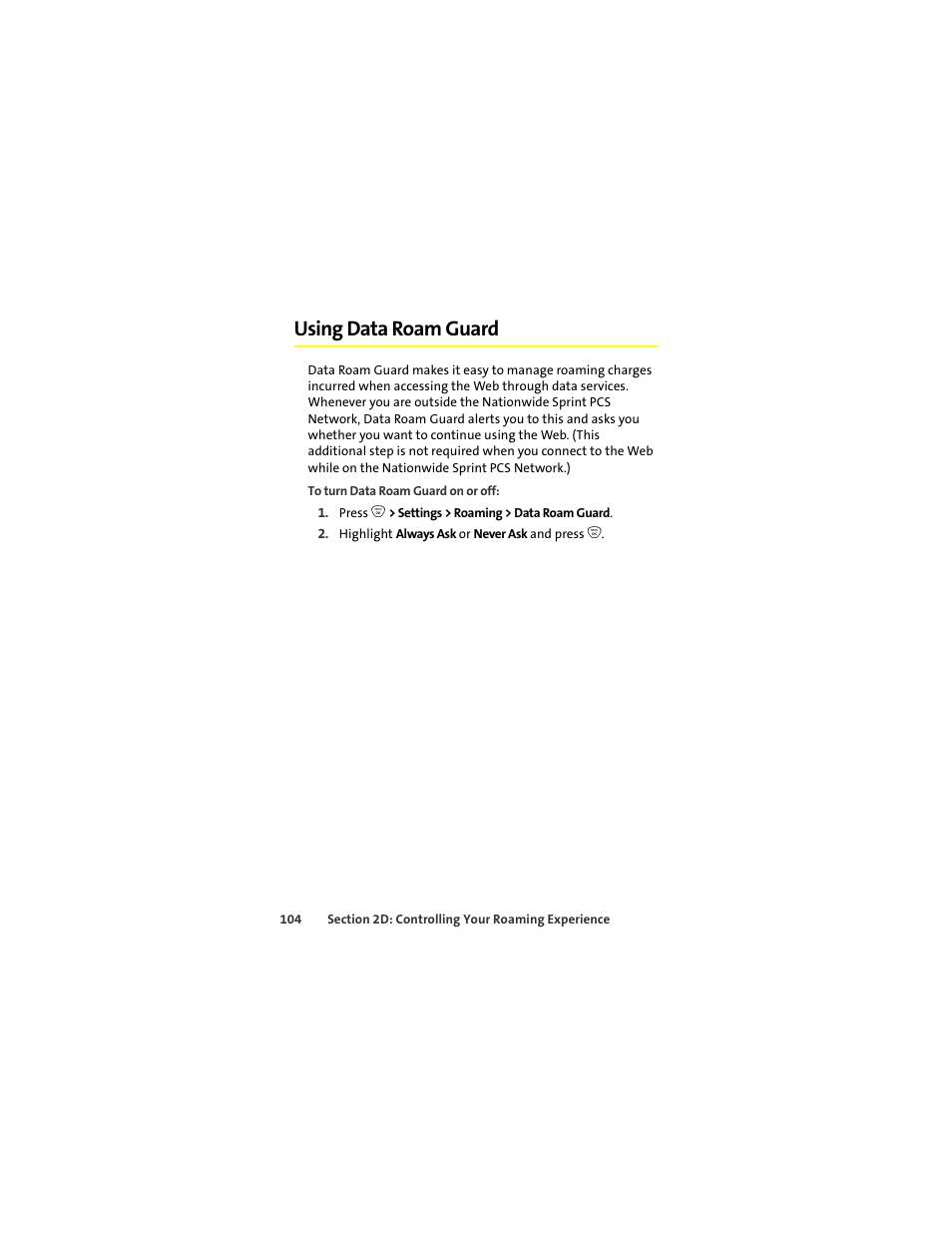 Using data roam guard | Motorola ic402 User Manual | Page 118 / 224