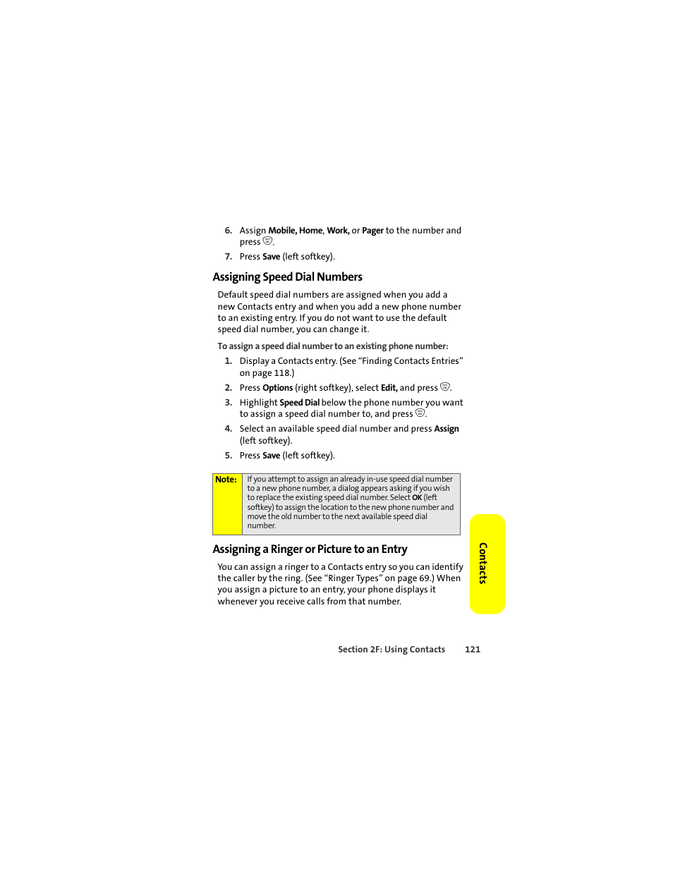 Assigning speed dial numbers, Assigning a ringer or picture to an entry | Motorola ic402 User Manual | Page 135 / 224