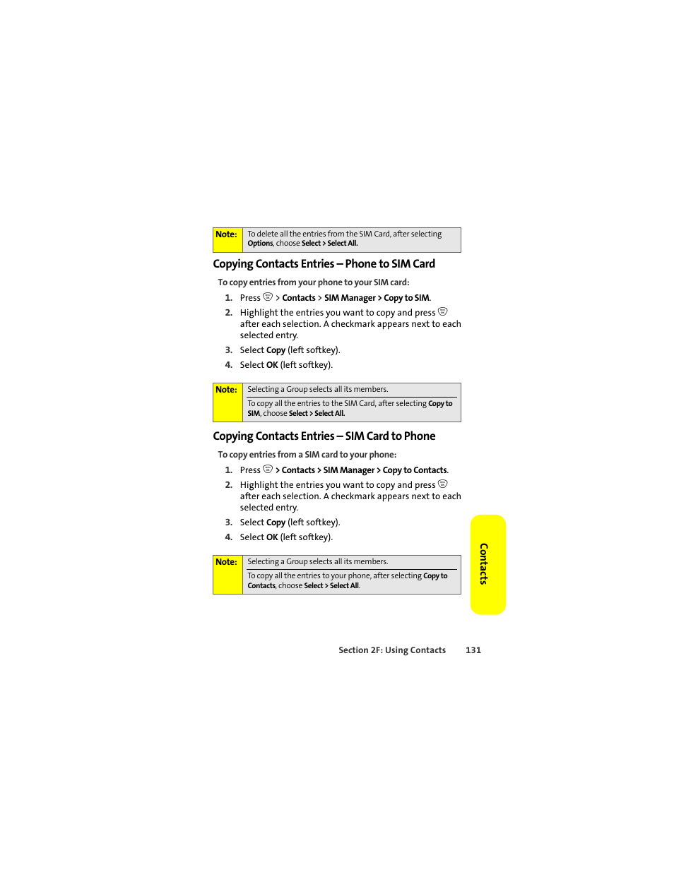 Copying contacts entries - phone to sim card, Copying contacts entries - sim card to phone, Copying contacts entries – phone to sim card | Copying contacts entries – sim card to phone | Motorola ic402 User Manual | Page 145 / 224