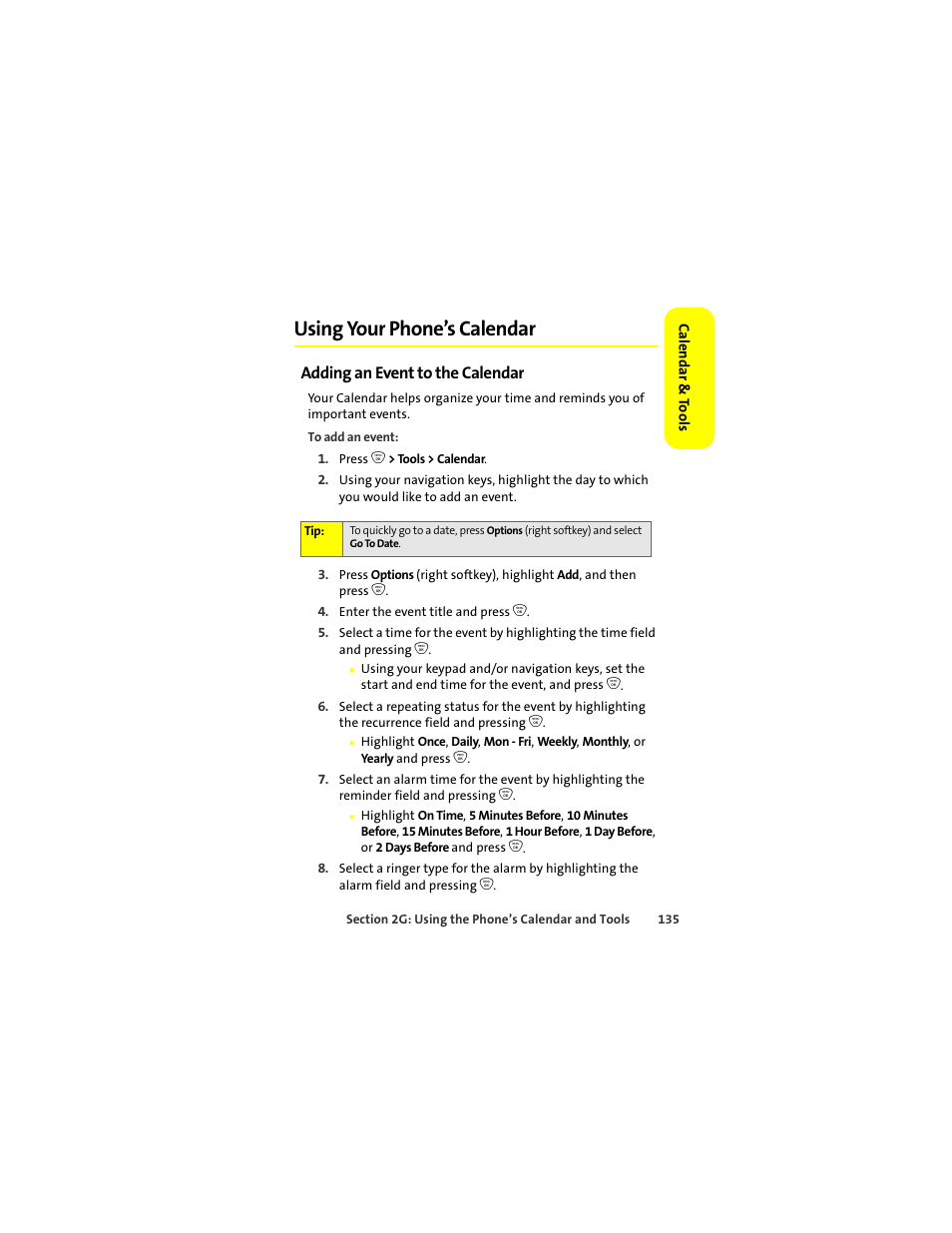 Using your phone’s calendar, Adding an event to the calendar | Motorola ic402 User Manual | Page 149 / 224