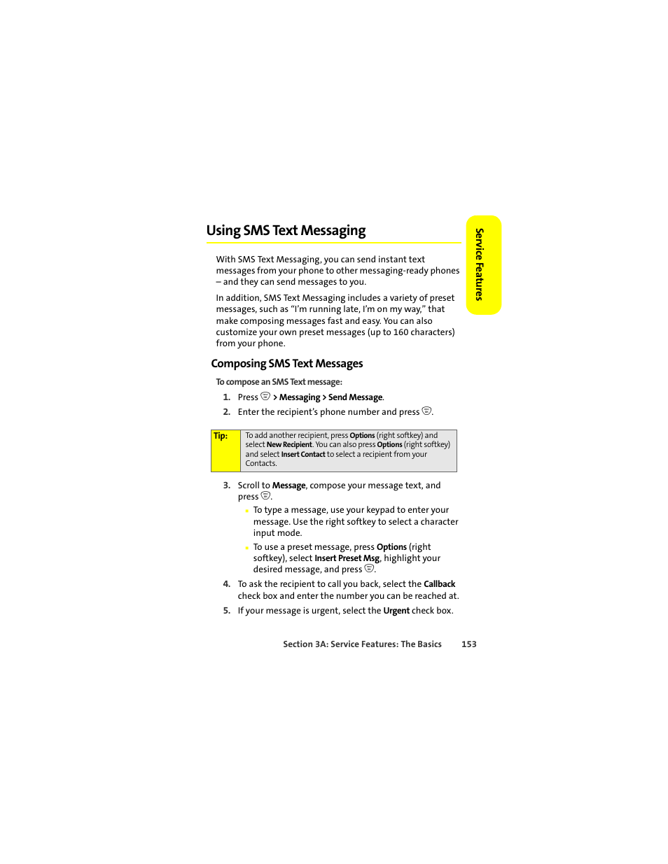 Using sms text messaging, Composing sms text messages | Motorola ic402 User Manual | Page 167 / 224