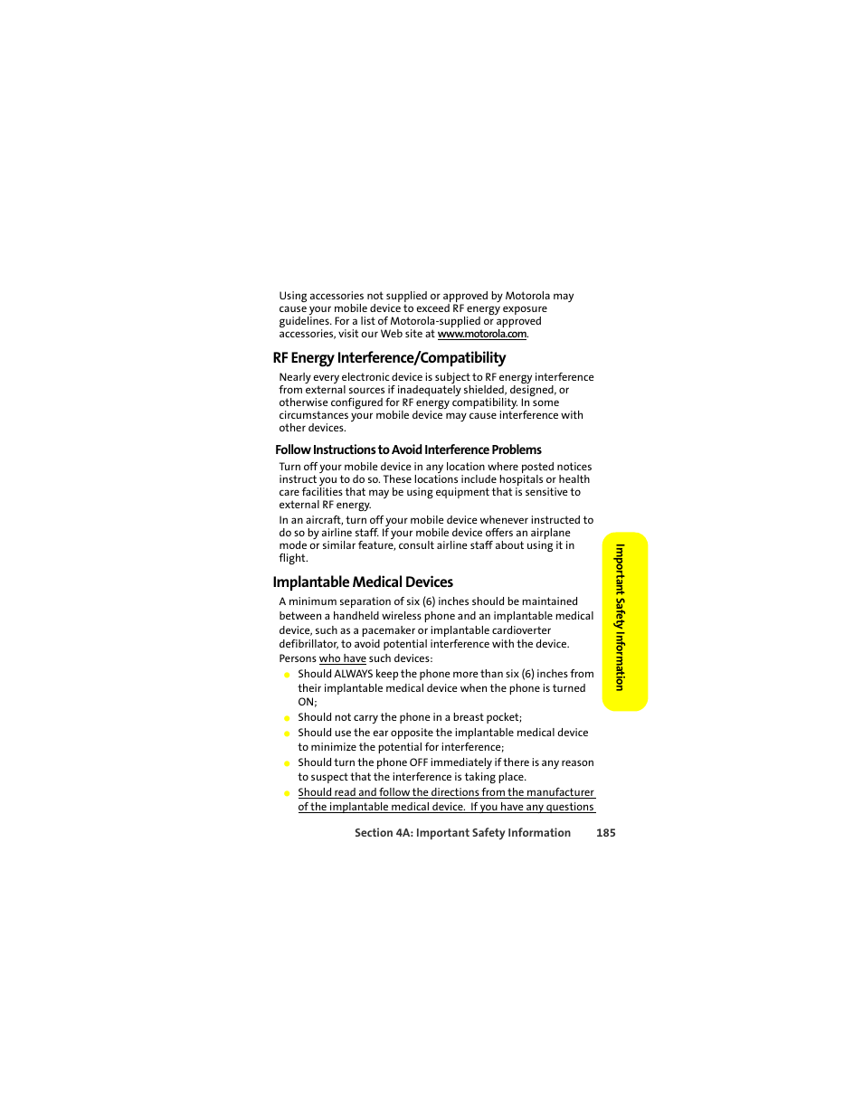 Rf energy interference/compatibility, Implantable medical devices | Motorola ic402 User Manual | Page 199 / 224