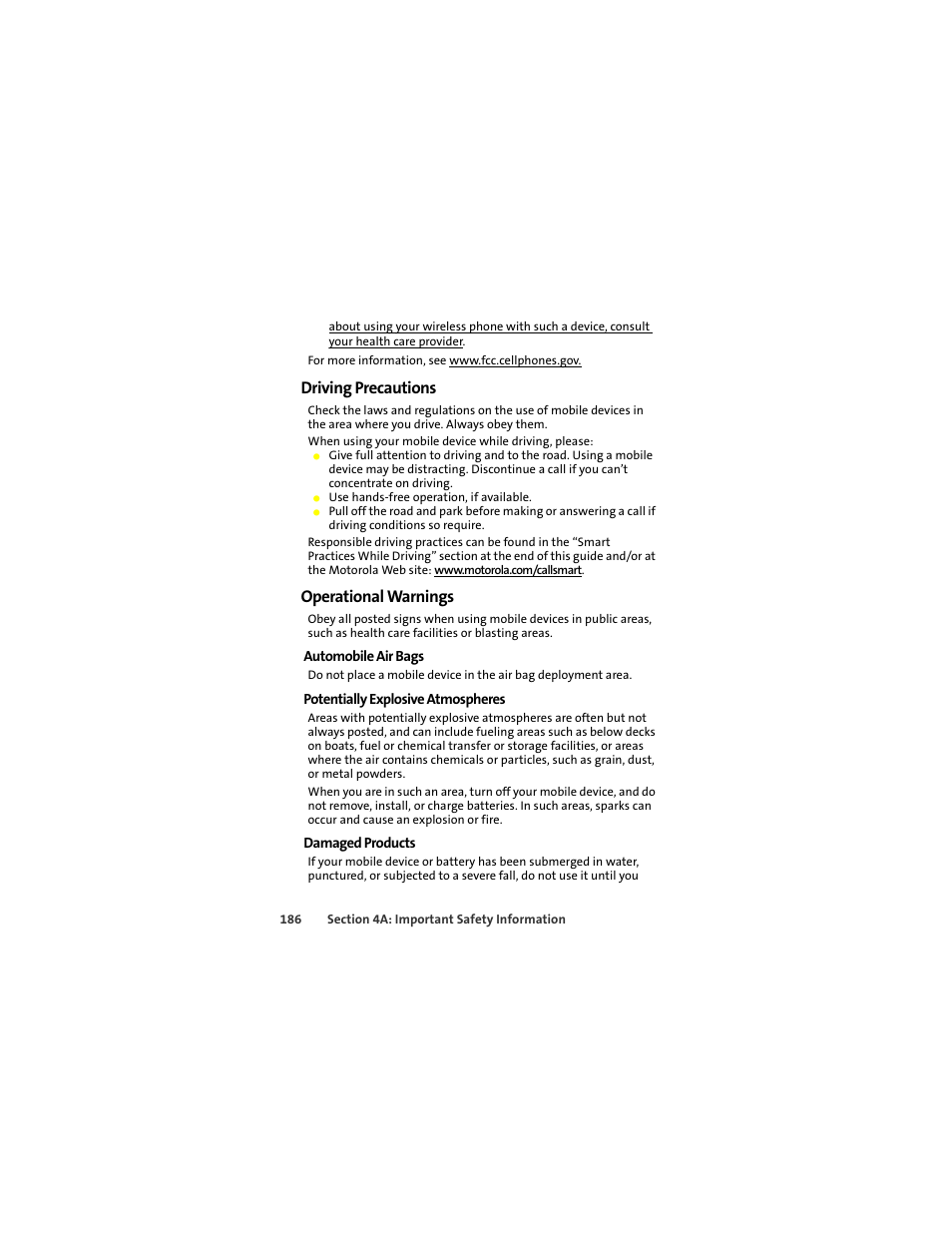 Driving precautions, Operational warnings | Motorola ic402 User Manual | Page 200 / 224