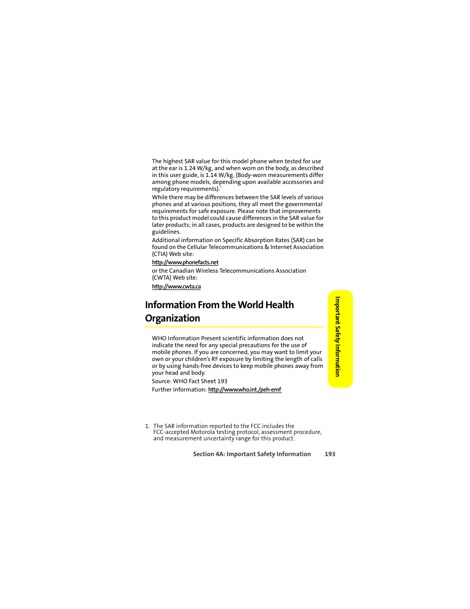 Information from the world health organization | Motorola ic402 User Manual | Page 207 / 224