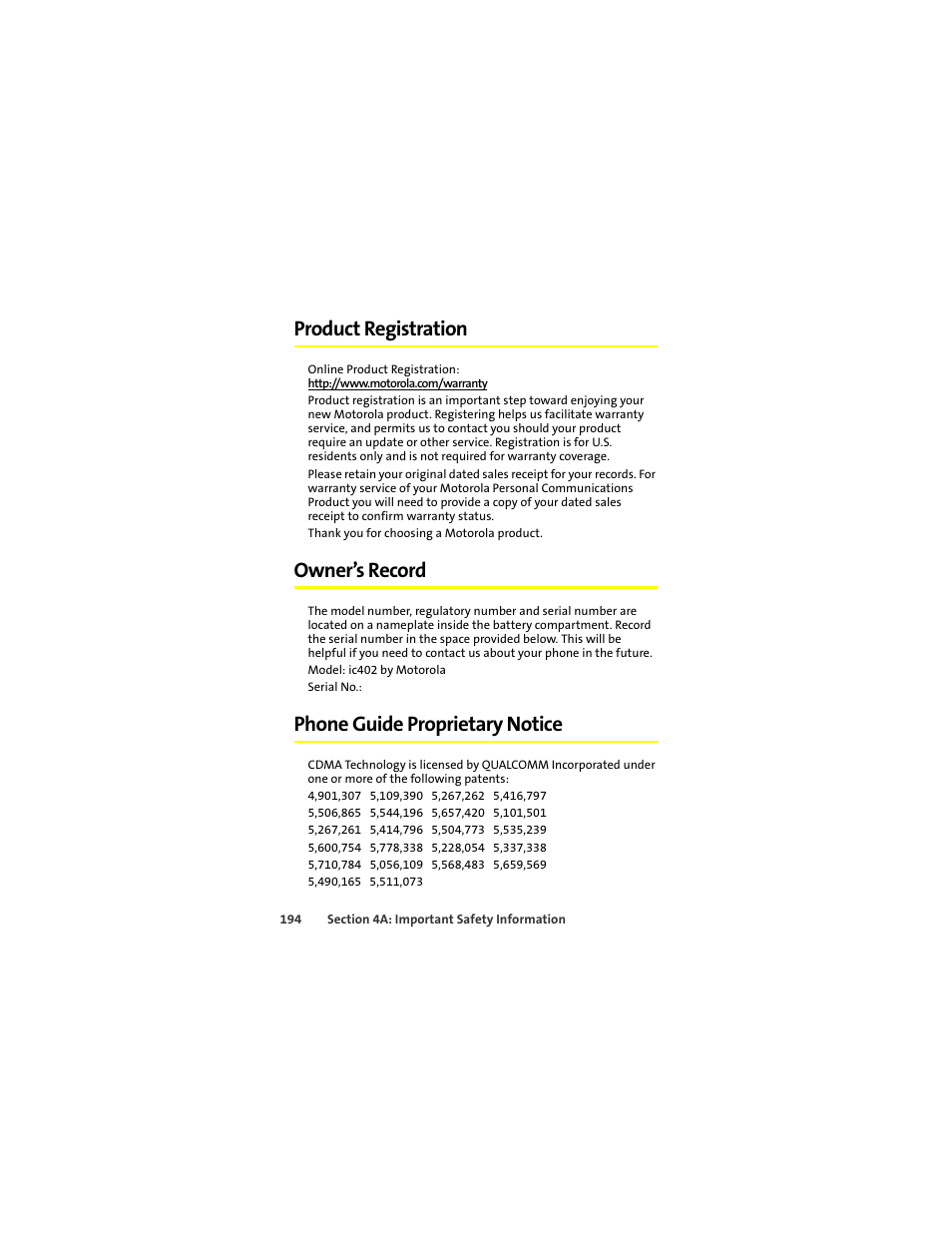 Product registration, Owner’s record, Phone guide proprietary notice | Motorola ic402 User Manual | Page 208 / 224