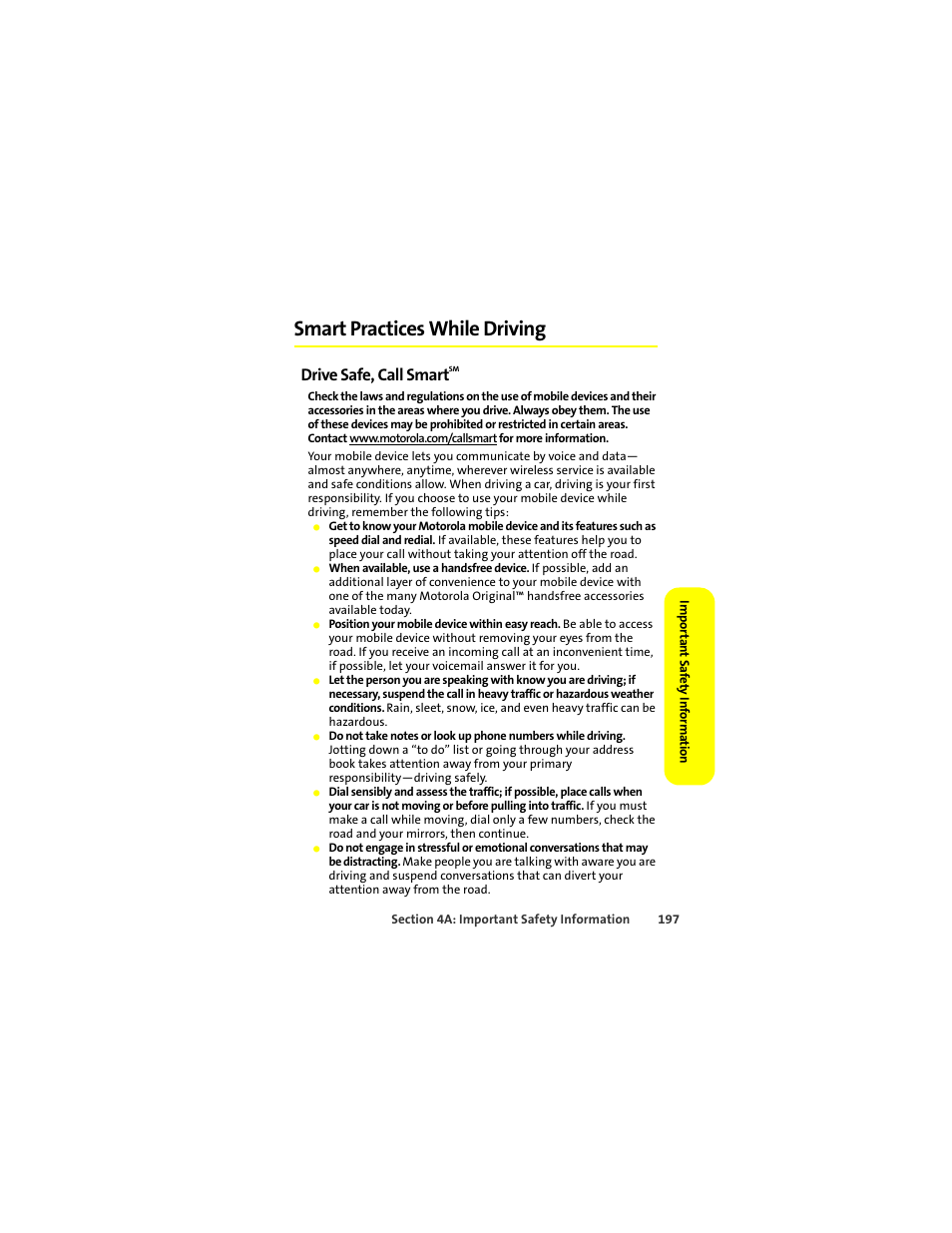 Smart practices while driving, Drive safe, call smartsm, Drive safe, call smart | Motorola ic402 User Manual | Page 211 / 224