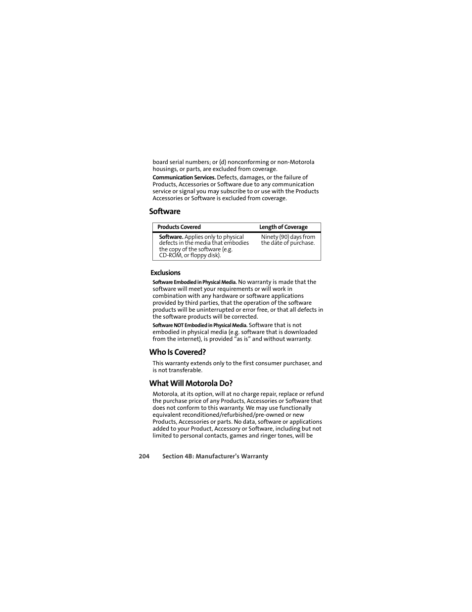 Software, Who is covered, What will motorola do | Motorola ic402 User Manual | Page 218 / 224