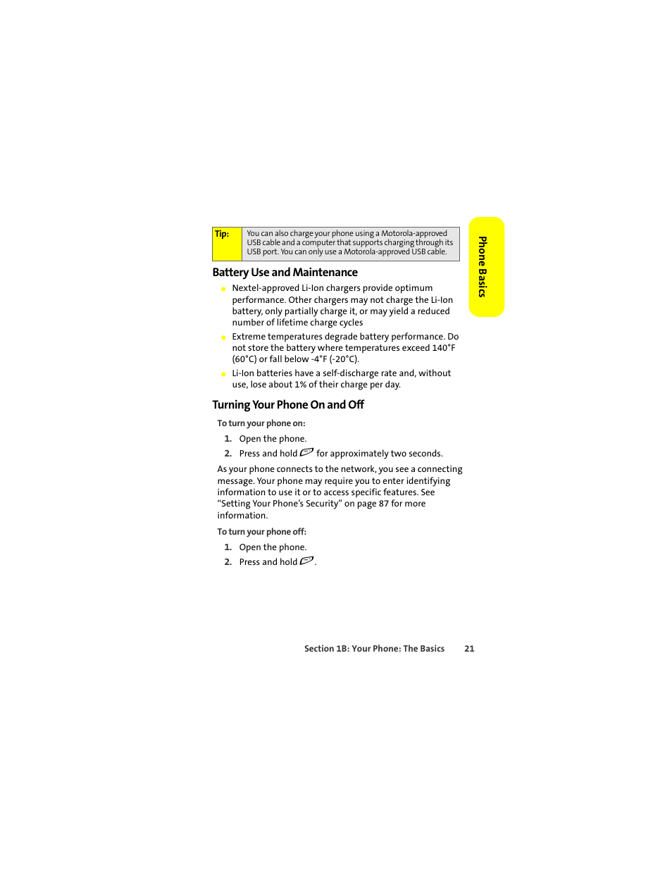 Battery use and maintenance, Turning your phone on and off | Motorola ic402 User Manual | Page 35 / 224