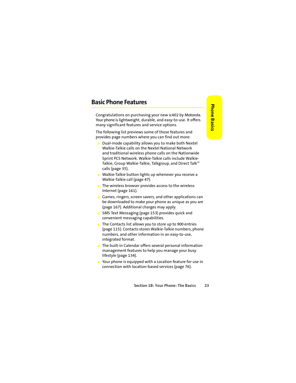 Basic phone features, Phone basic s | Motorola ic402 User Manual | Page 37 / 224