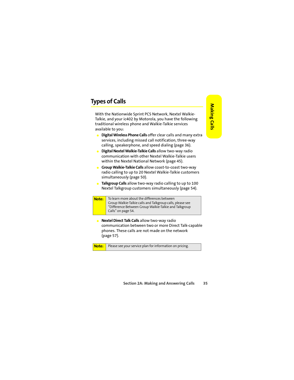 Types of calls | Motorola ic402 User Manual | Page 49 / 224