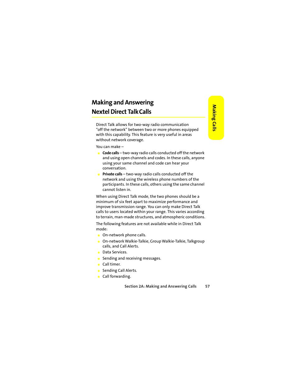 Making and answering nextel direct talk calls, Making and answering nextel direct talk, Calls | Motorola ic402 User Manual | Page 71 / 224