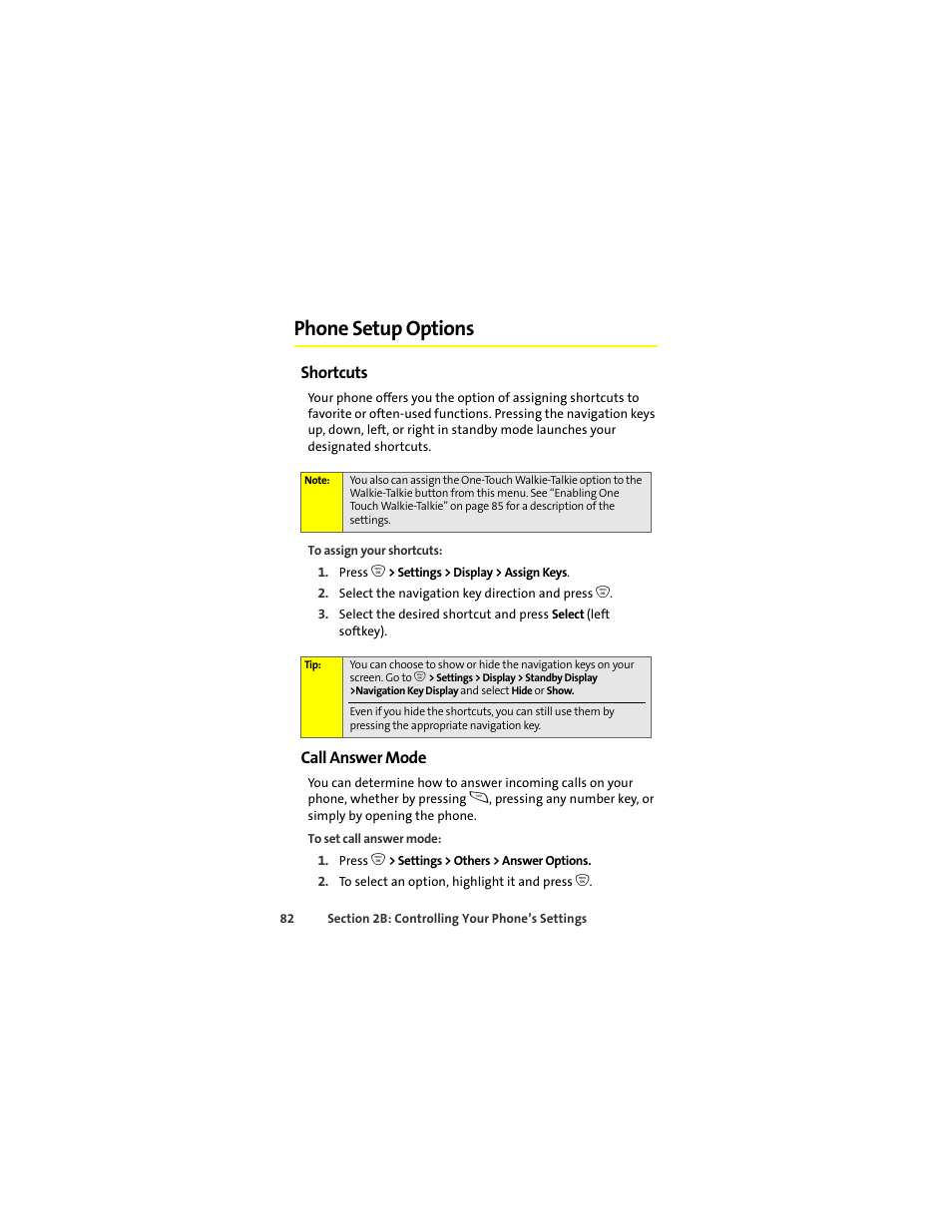 Phone setup options, Shortcuts, Call answer mode | Motorola ic402 User Manual | Page 96 / 224