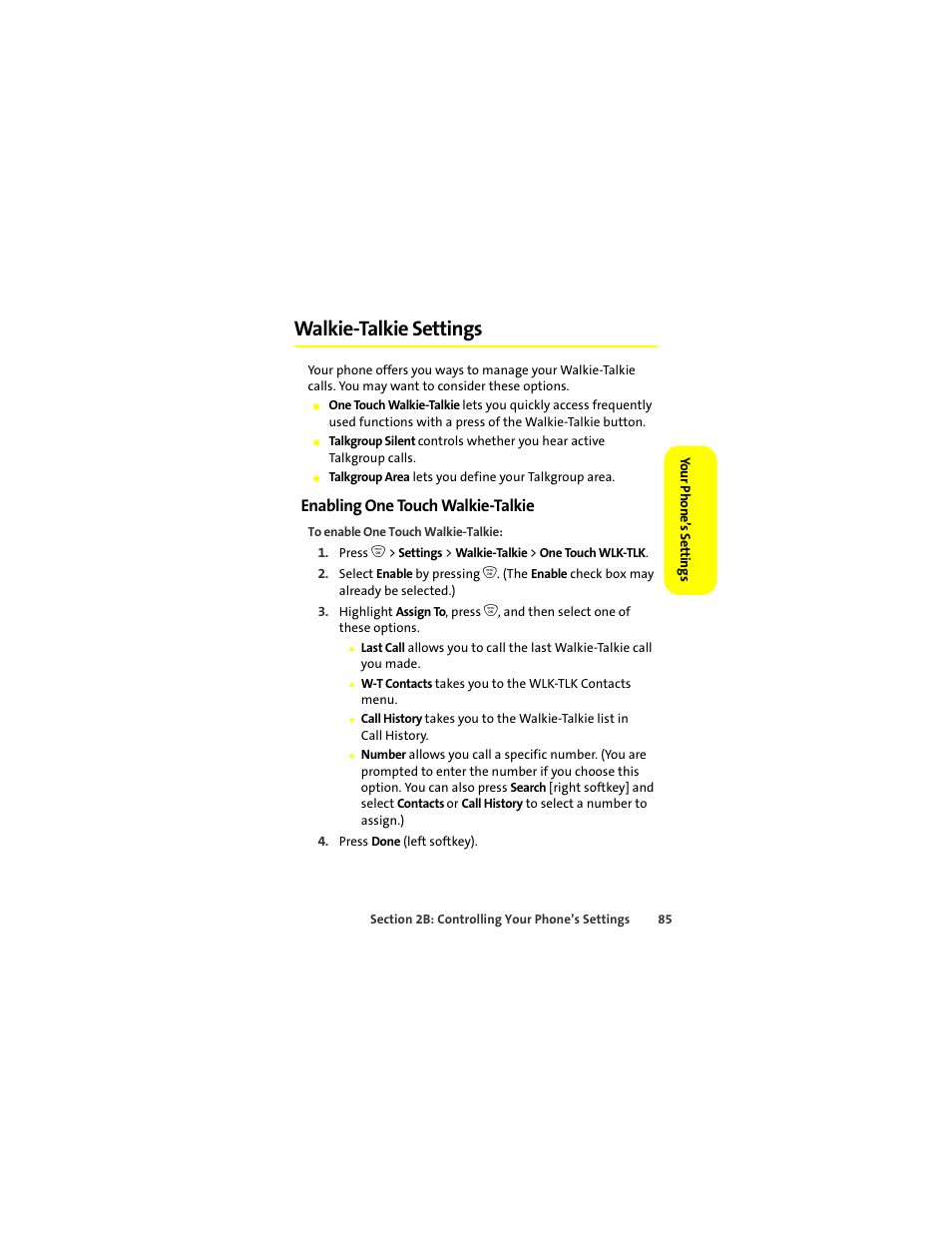 Walkie-talkie settings, Enabling one touch walkie-talkie | Motorola ic402 User Manual | Page 99 / 224