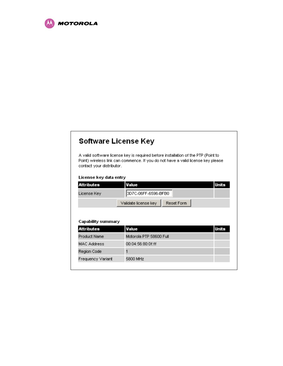 1 manually configuring the wireless units, Manually configuring the wireless units, Figure 44 - license key data entry | Motorola MotoWI4 PTP 600 Series User Manual | Page 103 / 246