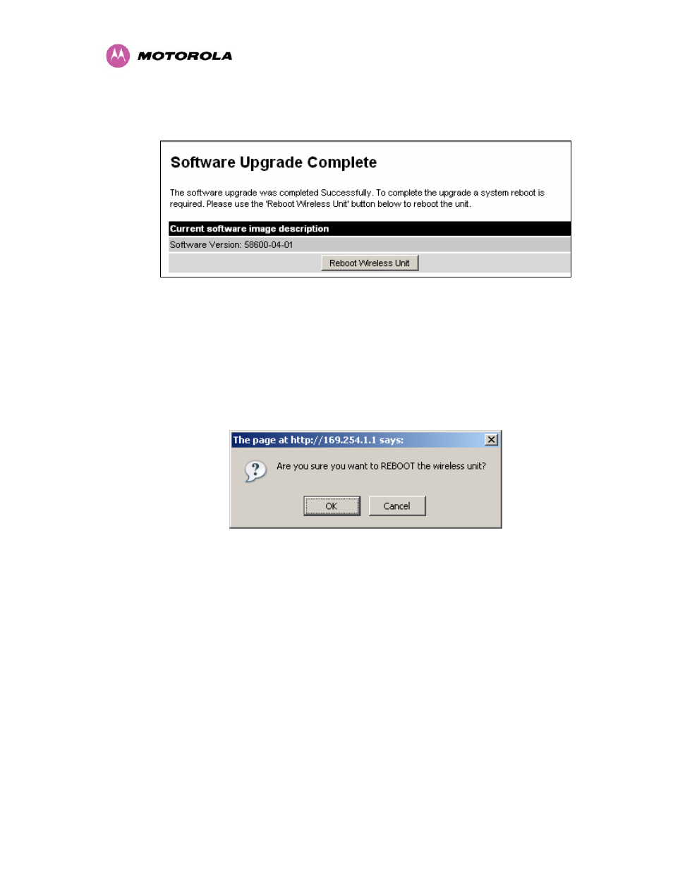 Figure 84 - reboot confirmation pop up | Motorola MotoWI4 PTP 600 Series User Manual | Page 149 / 246
