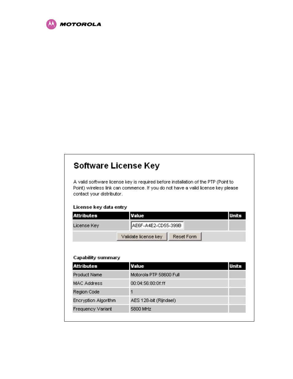 1 configuring link encryption, 1 license keys, Configuring link encryption | License keys, Figure 134 – aes software license key data entry | Motorola MotoWI4 PTP 600 Series User Manual | Page 213 / 246