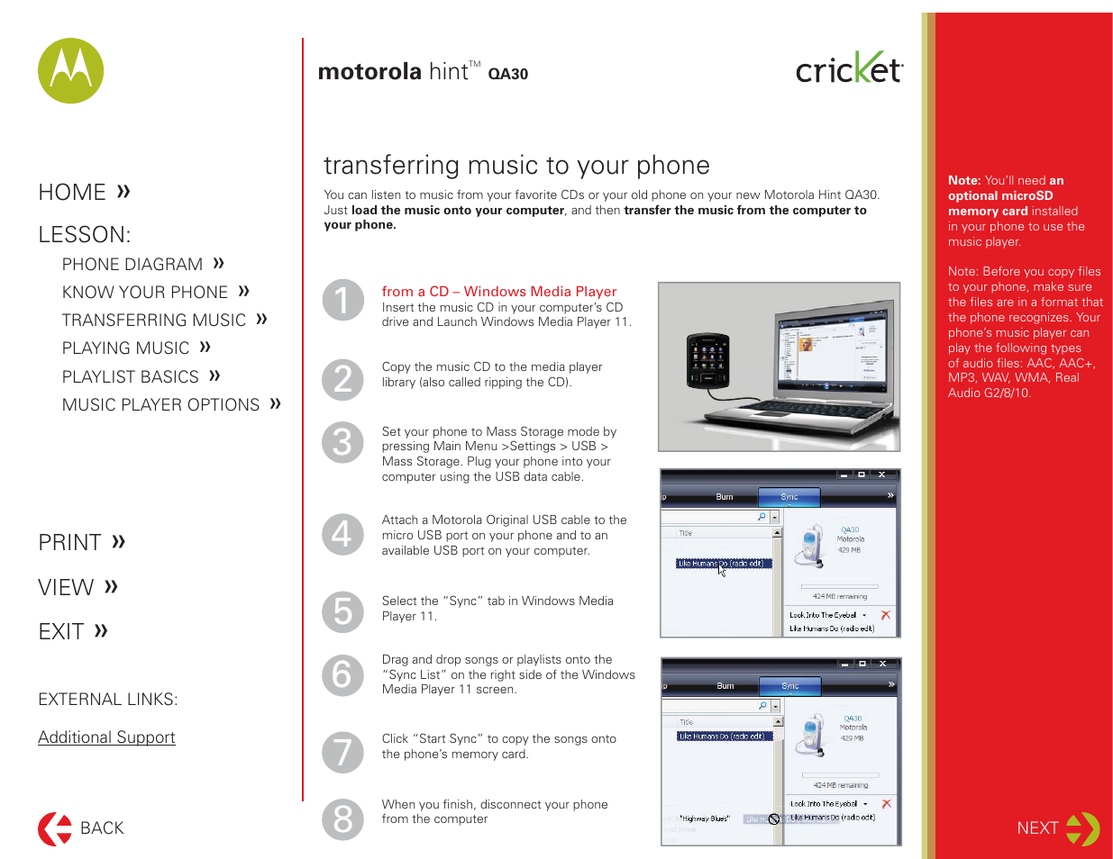 Transferring music | Motorola HINT QA30 User Manual | Page 4 / 10