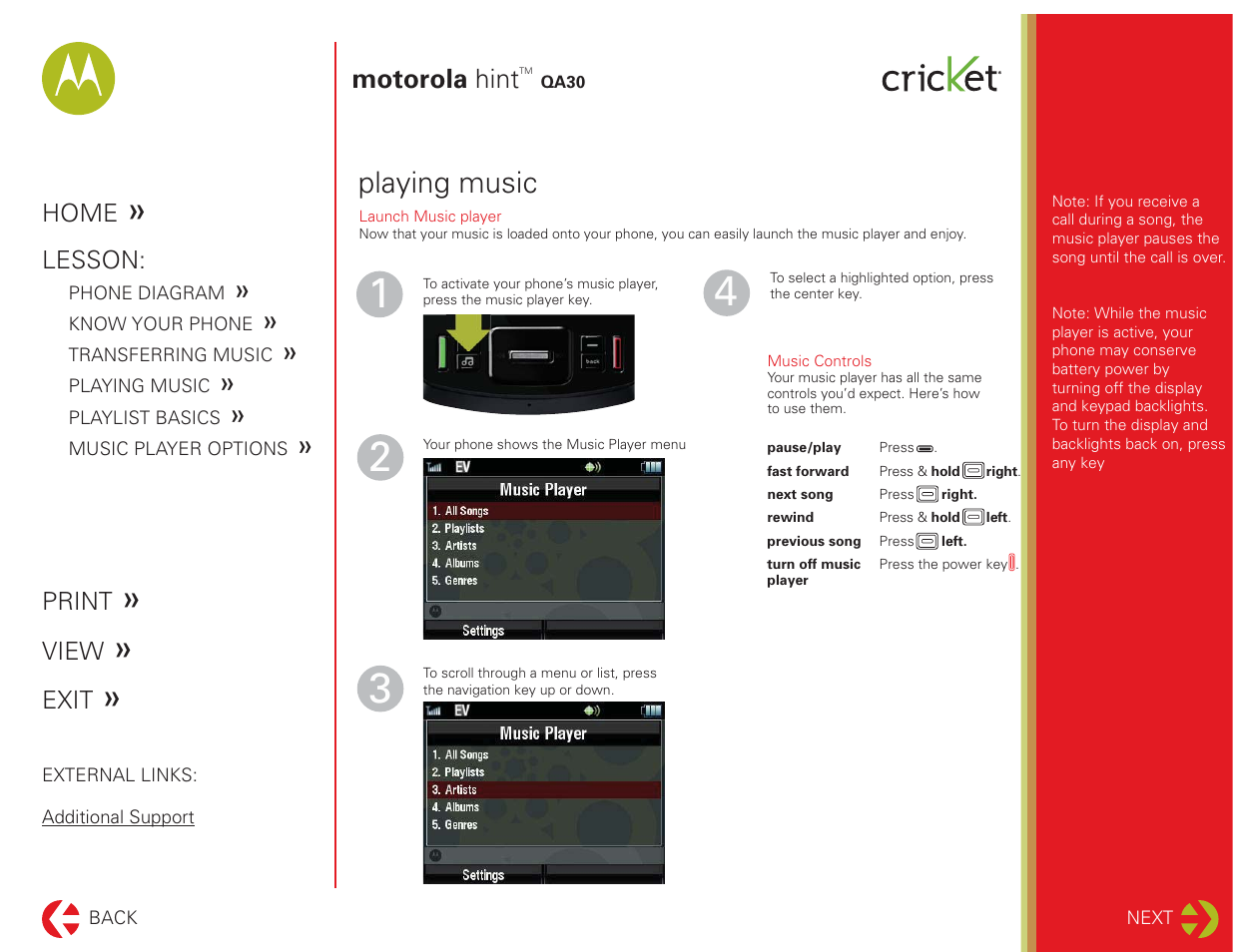 Playing music | Motorola HINT QA30 User Manual | Page 6 / 10