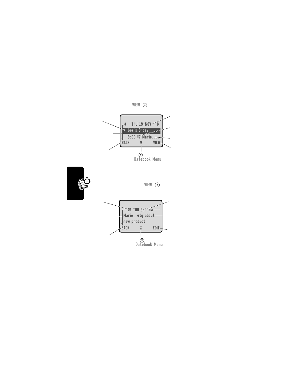 Day view, Event view, Day view event view | Motorola C331 User Manual | Page 80 / 182