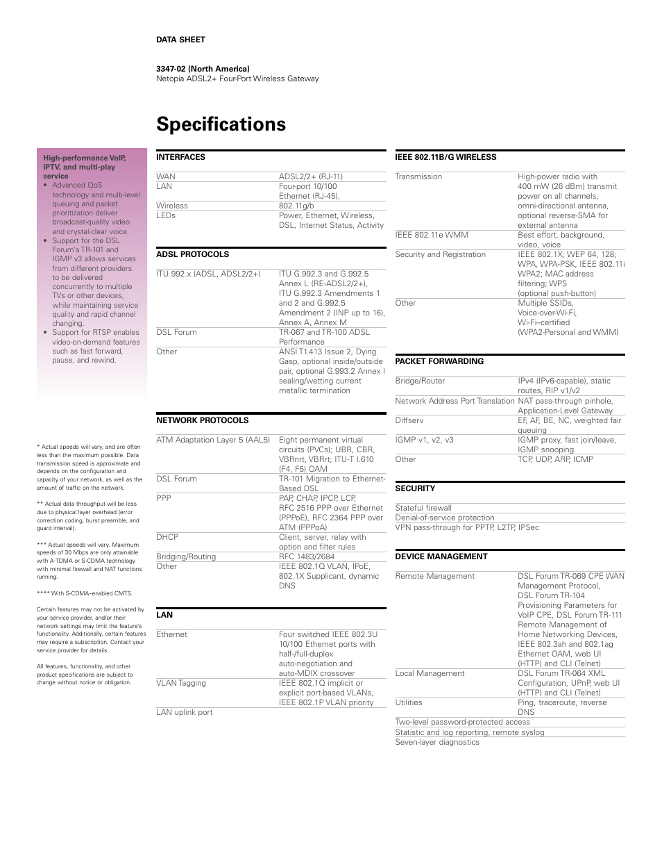 Specifications | Motorola Netopia 3347-02 User Manual | Page 2 / 3