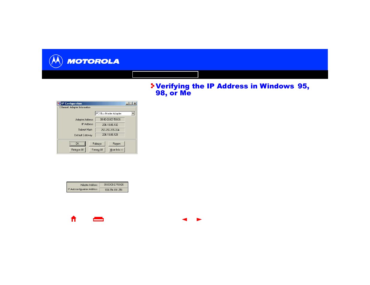 Verifying the ip address in windows 95, 98, or me, Verifying the ip address in, Windows 95, 98, or me | Motorola SB4220 User Manual | Page 35 / 66